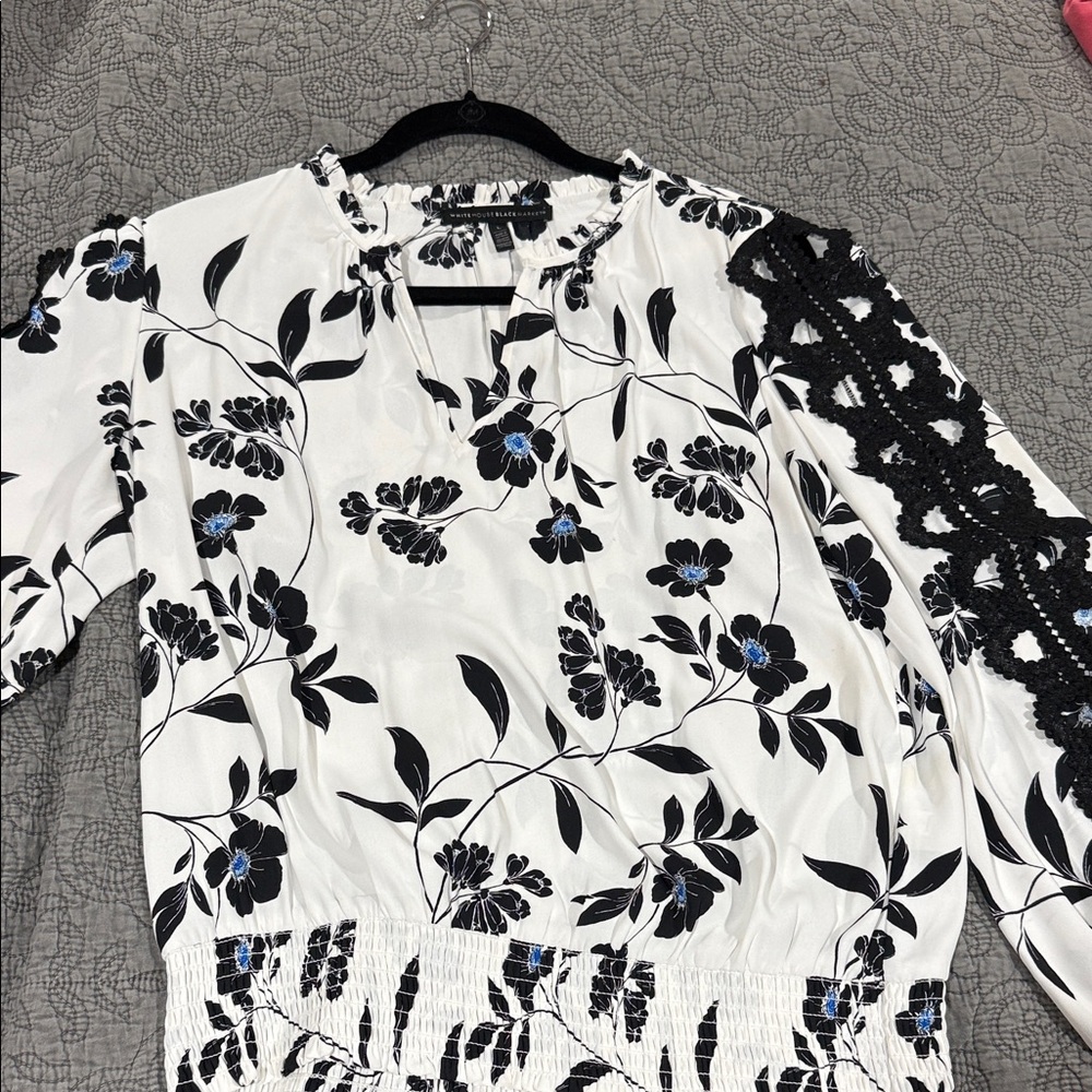 White House Black Market Floral Blouse with Black and Blue Accents